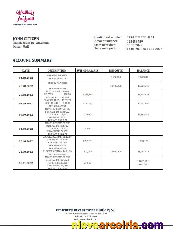 United Arab Emirates Investment Bank statement in Word and PDF format